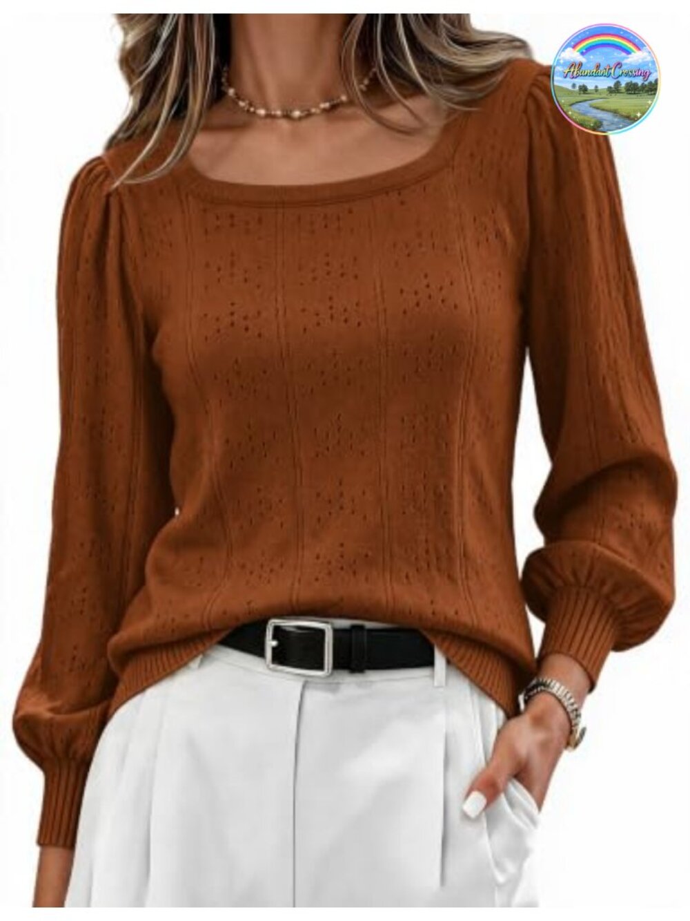 HOTOUCH Women's Viscose Puff Sleeve Square Neck Pullover Sweater